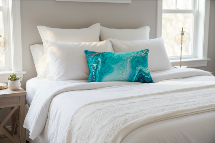 Teal Marble Lumbar Pillow - Ocean Blue Abstract Decorative Throw