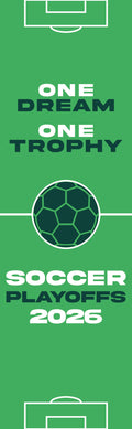 Promotional graphic for soccer playoffs 2026 with a green background and soccer ball icon.