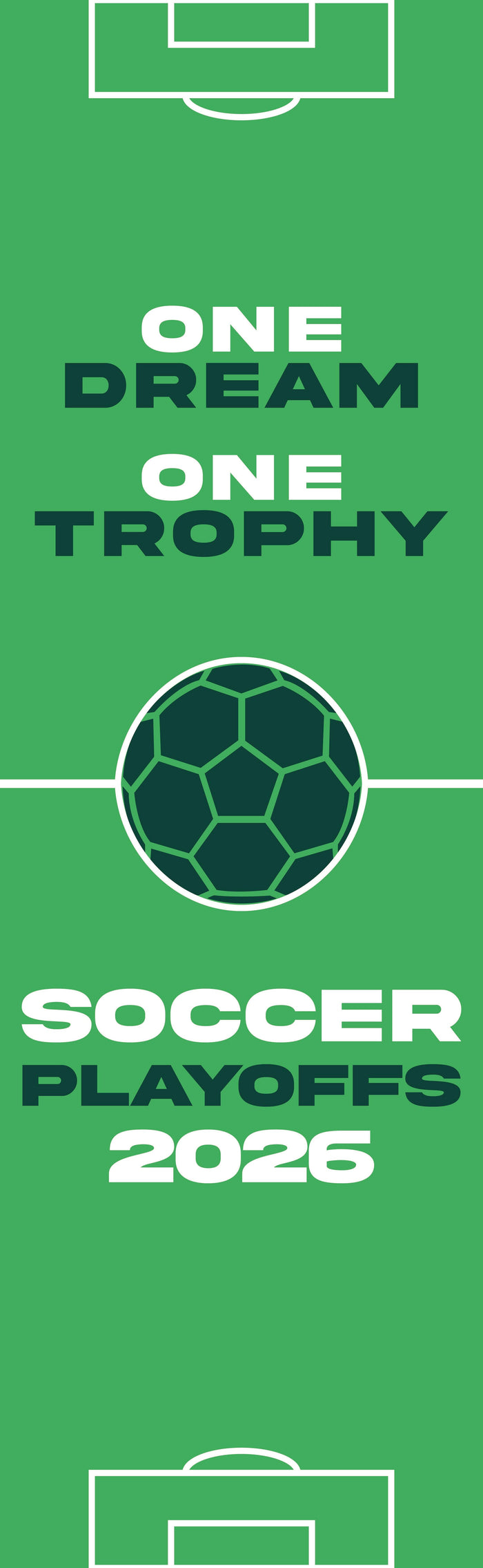 Promotional graphic for soccer playoffs 2026 with a green background and soccer ball icon.