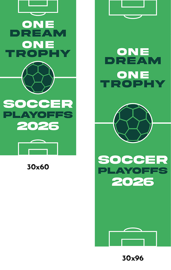 Two green banners with soccer-themed text and graphics for the 2026 Soccer Playoffs.