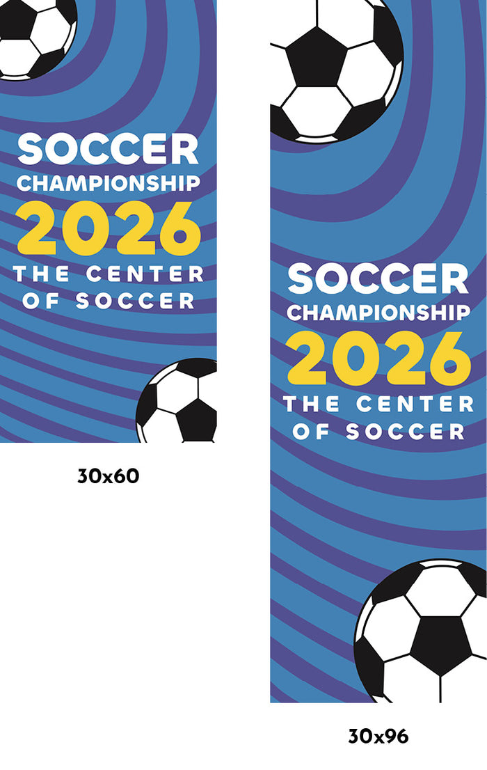 Two soccer championship banners with blue and purple design and soccer ball graphics.