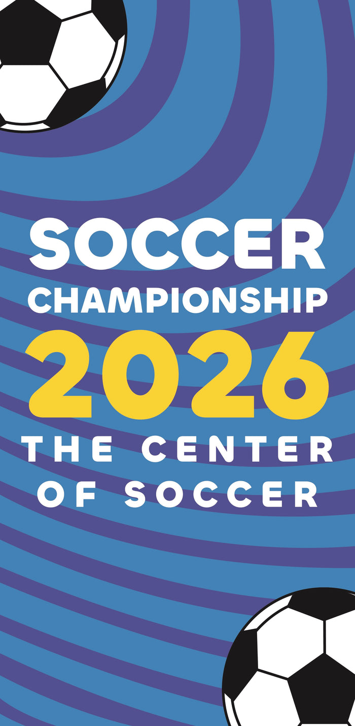 Promotional poster for the 2026 Soccer Championship with soccer balls and blue wave design.