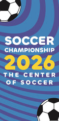 Promotional poster for the 2026 Soccer Championship with soccer balls and blue wave design.