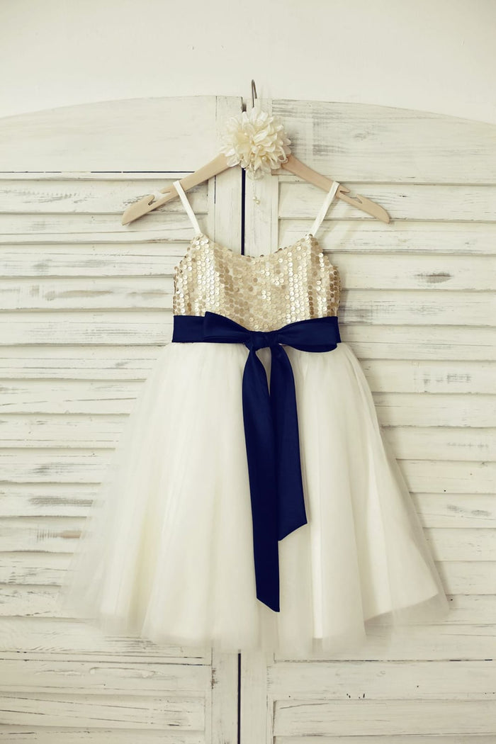 Thin Straps Champagne Sequin Tulle Flower Girl Dress with