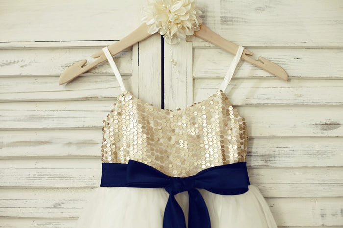 Thin Straps Champagne Sequin Tulle Flower Girl Dress with