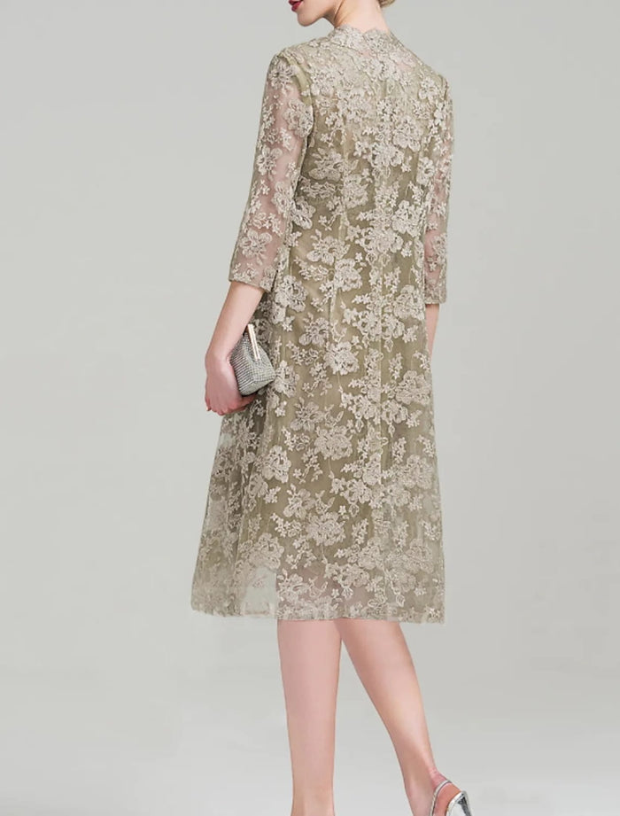 Two Piece Sheath Jewel Neck Lace Satin Mother of Bride Dress