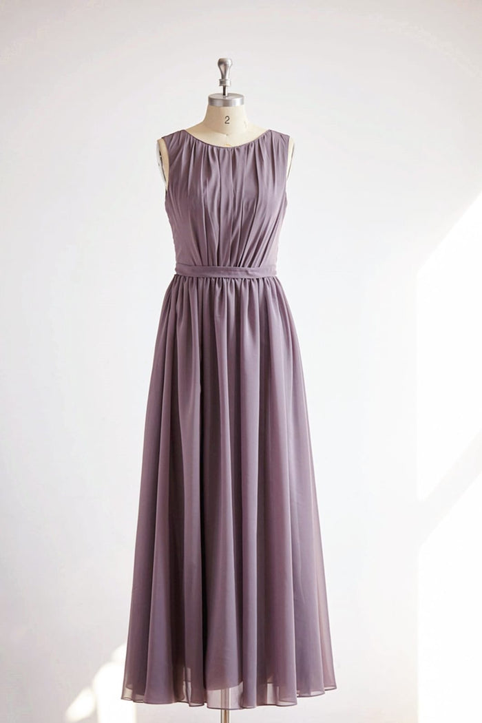 V Back Gray Chiffon Long Wedding Bridesmaid Dress