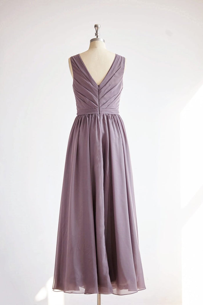 V Back Gray Chiffon Long Wedding Bridesmaid Dress