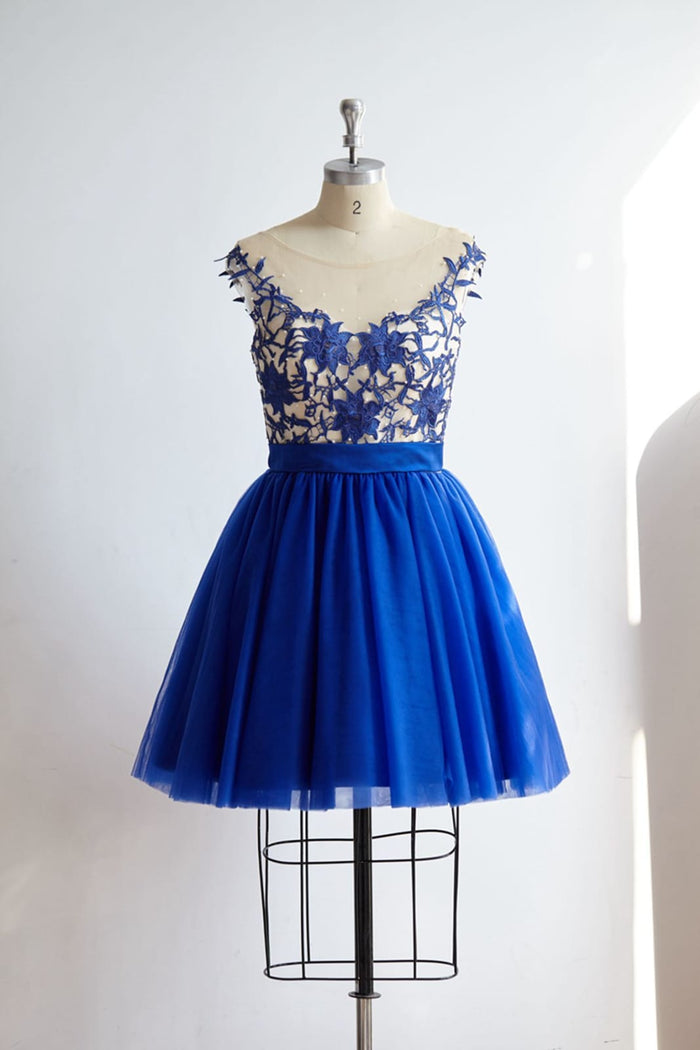 V Back Royal Blue Lace Tulle Short Knee Length Prom Party