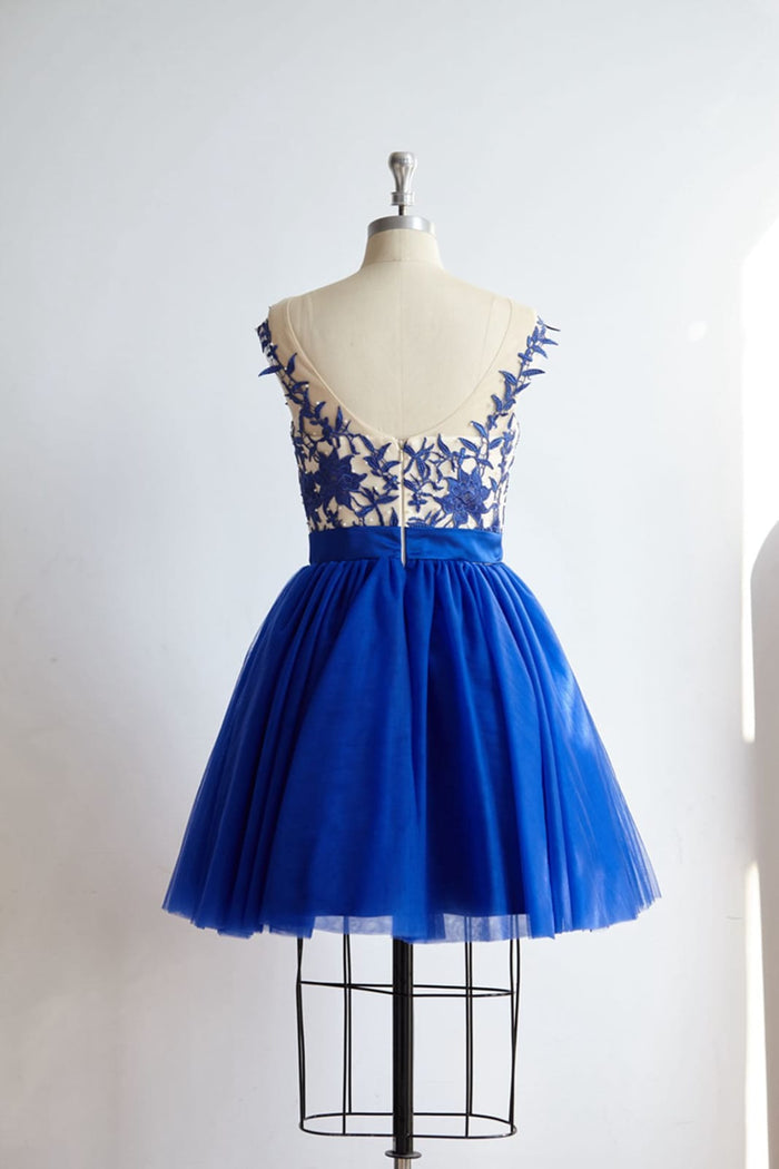 V Back Royal Blue Lace Tulle Short Knee Length Prom Party