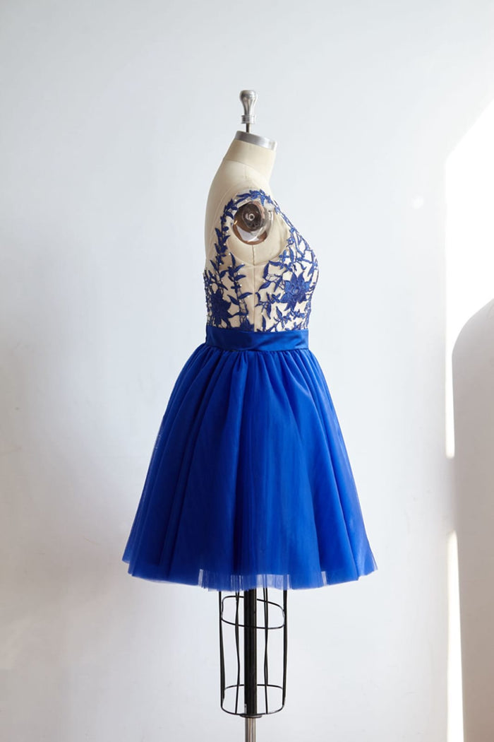 V Back Royal Blue Lace Tulle Short Knee Length Prom Party