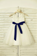 V Neck Ivory Lace Tulle Flower Girl Dress with Navy Blue