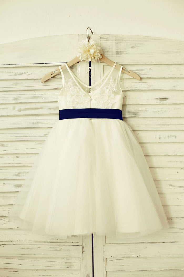 V Neck Ivory Lace Tulle Flower Girl Dress with Navy Blue