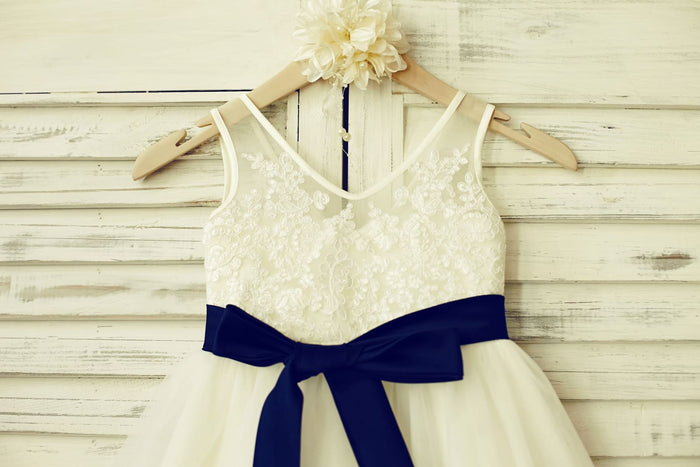 V Neck Ivory Lace Tulle Flower Girl Dress with Navy Blue