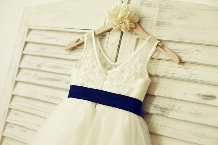 V Neck Ivory Lace Tulle Flower Girl Dress with Navy Blue