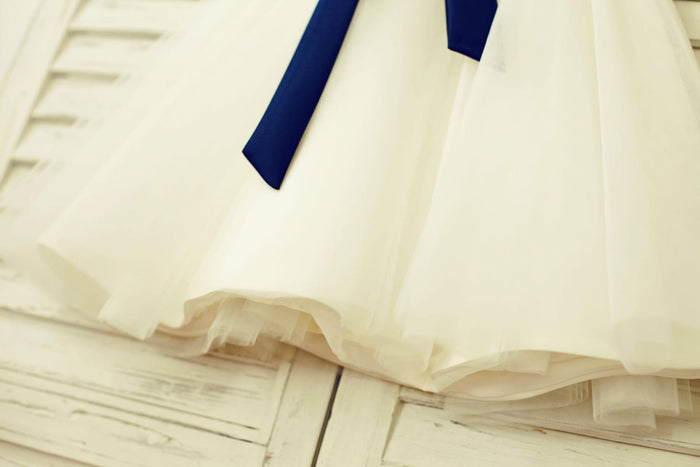 V Neck Ivory Lace Tulle Flower Girl Dress with Navy Blue