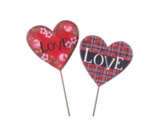 Valentines Day: Floral and Plaid Love Hearts Set of 2 Metal Stakes