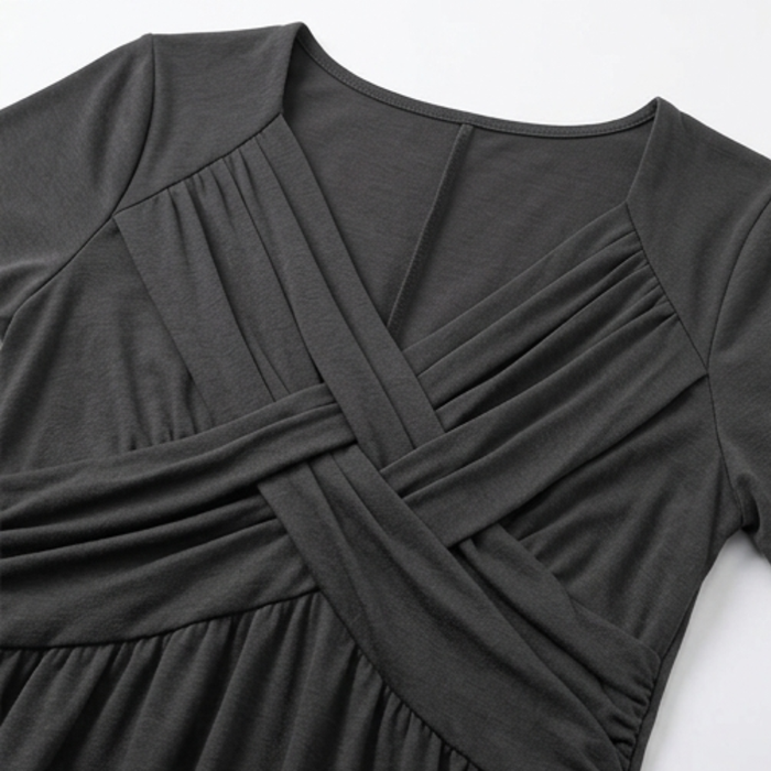 Veluna – Crossover V-Neck Midi Dress with Pockets