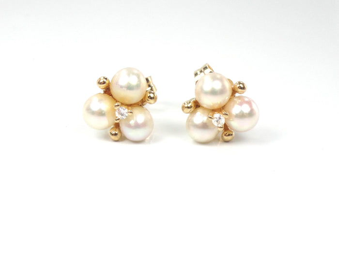 Vintage 14k Yellow Gold Pearl Diamond Stud Earrings: June Birthstone, Bridal Jewelry