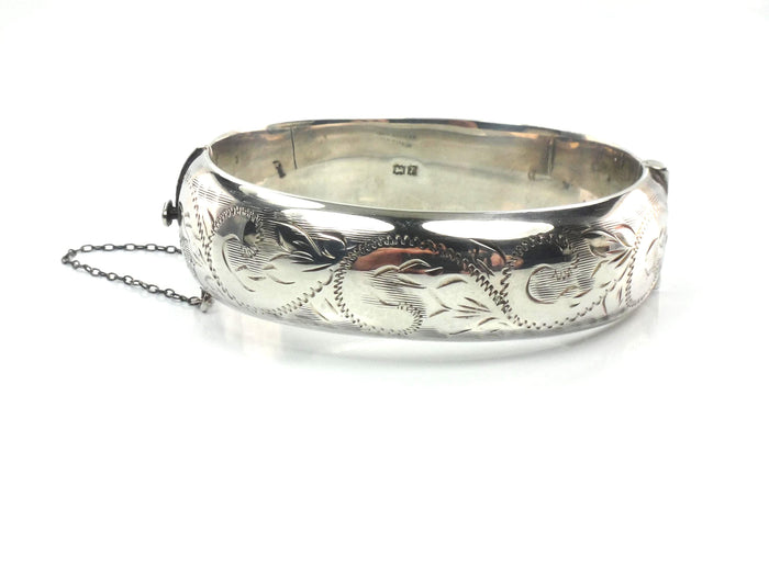 Vintage Sterling Silver Bangle Bracelet with Engraving: Hinged, English Hallmarks