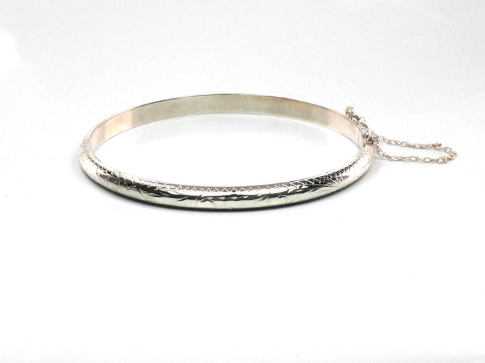Vintage Thin Sterling Silver Bangle Bracelet with Engraving - Hinged Style