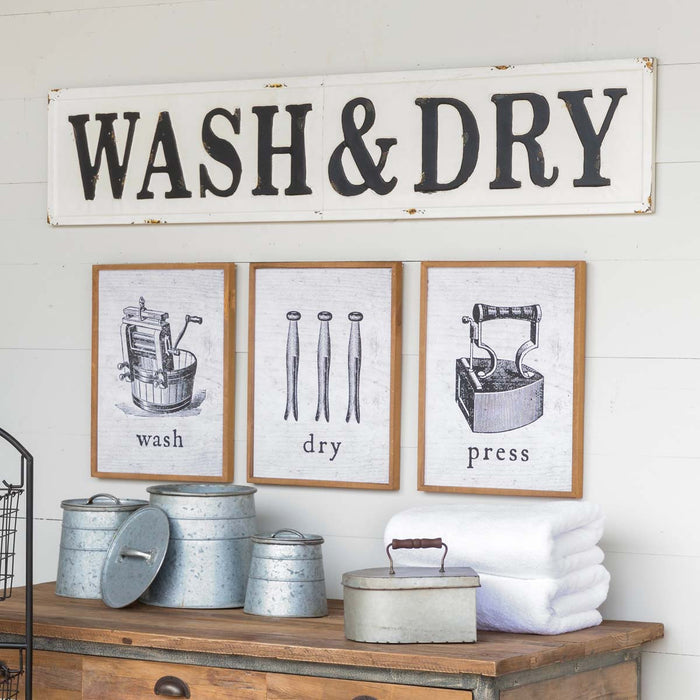 Wash & Dry Metal Distressed White and Black Embossed Sign