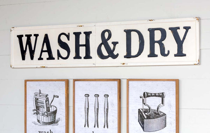 Wash & Dry Metal Distressed White and Black Embossed Sign