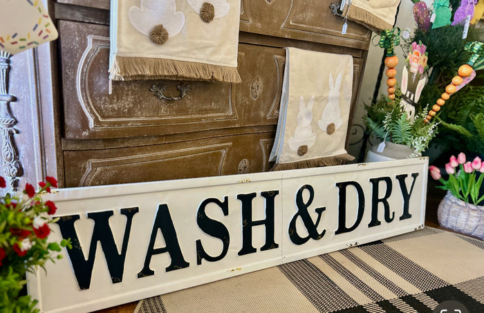 Wash & Dry Metal Distressed White and Black Embossed Sign