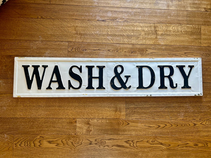 Wash & Dry Metal Distressed White and Black Embossed Sign