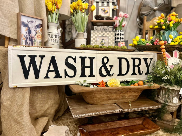 Wash & Dry Metal Distressed White and Black Embossed Sign