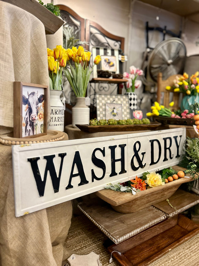 Wash & Dry Metal Distressed White and Black Embossed Sign
