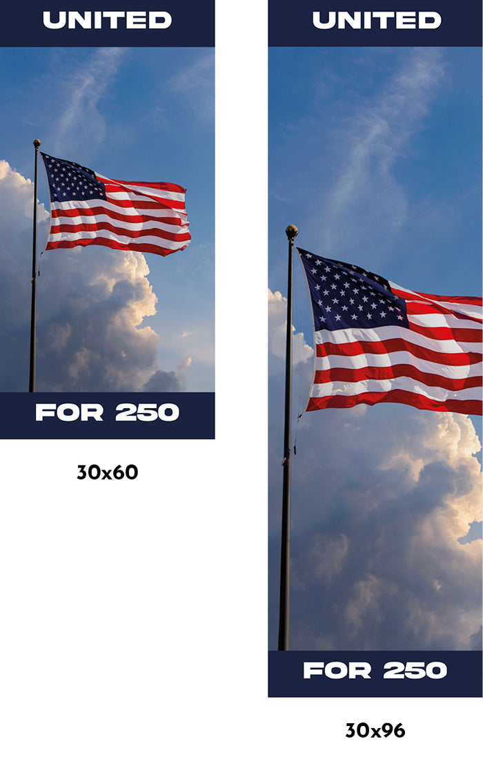 Two United flags with specifications against a cloudy sky background