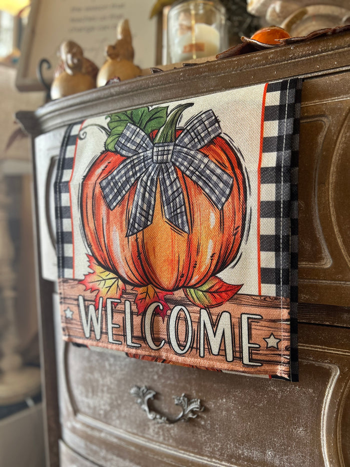 Welcome Orange Pumpkin & Check Fall Table Runner