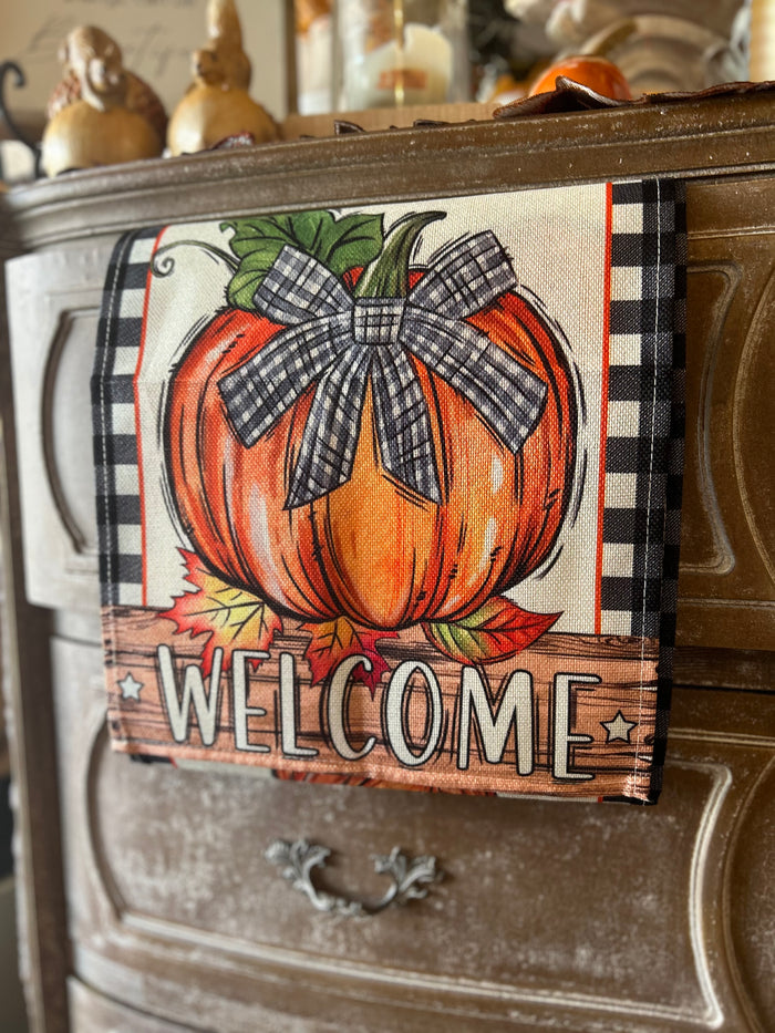 Welcome Orange Pumpkin & Check Fall Table Runner