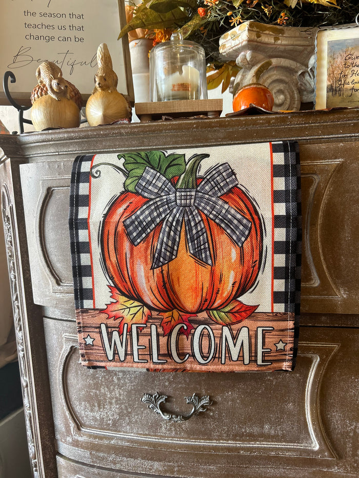 Welcome Orange Pumpkin & Check Fall Table Runner