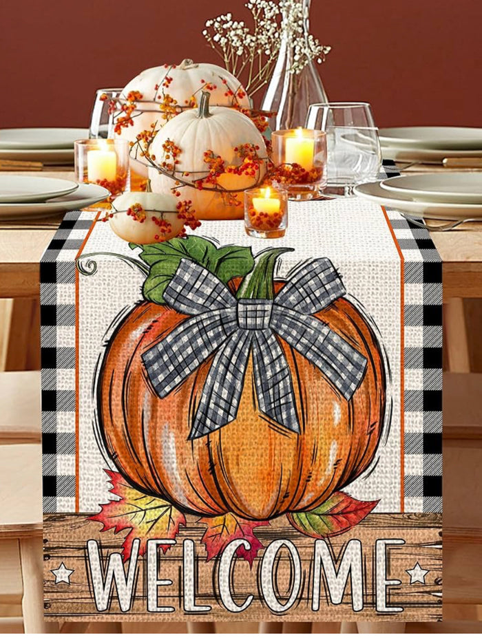 Welcome Orange Pumpkin & Check Fall Table Runner