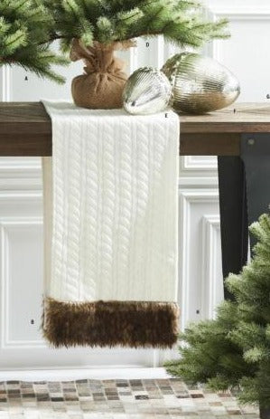 White Knit Table Runner with Faux Mink Trim