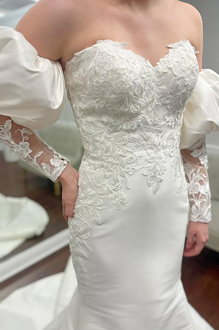 White Appliques Strapless Trumpet Wedding Dress with Juliet Sleeves