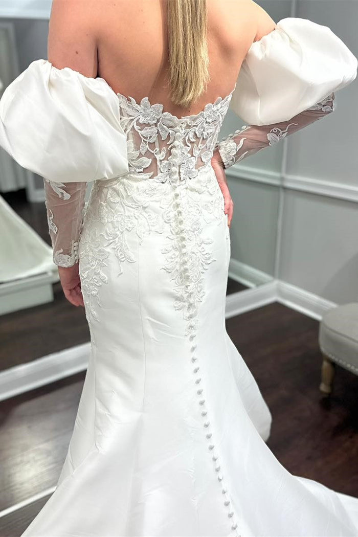 White Appliques Strapless Trumpet Wedding Dress with Juliet Sleeves