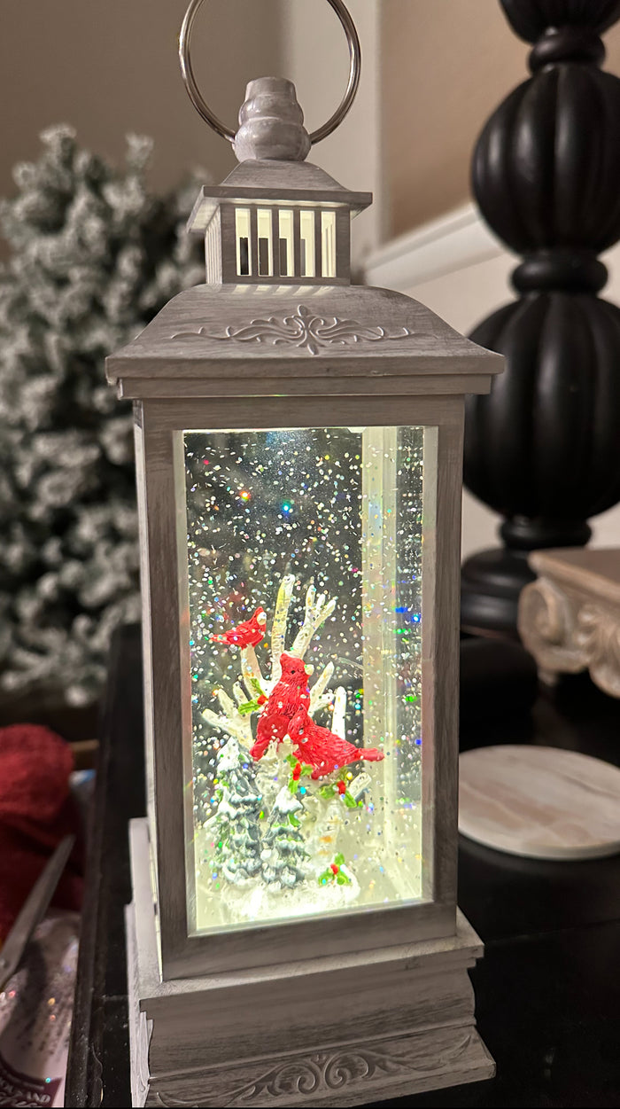White Lantern Snow Globe with Cardinals