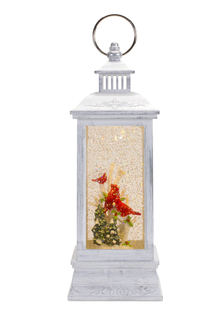 White Lantern Snow Globe with Cardinals