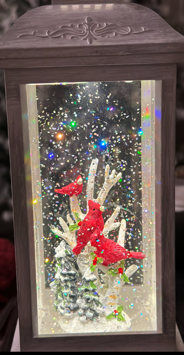 White Lantern Snow Globe with Cardinals