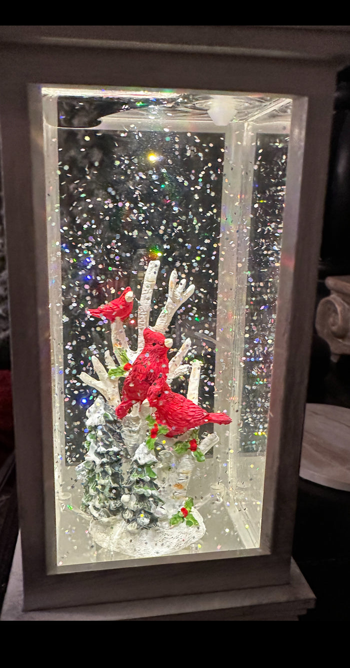 White Lantern Snow Globe with Cardinals