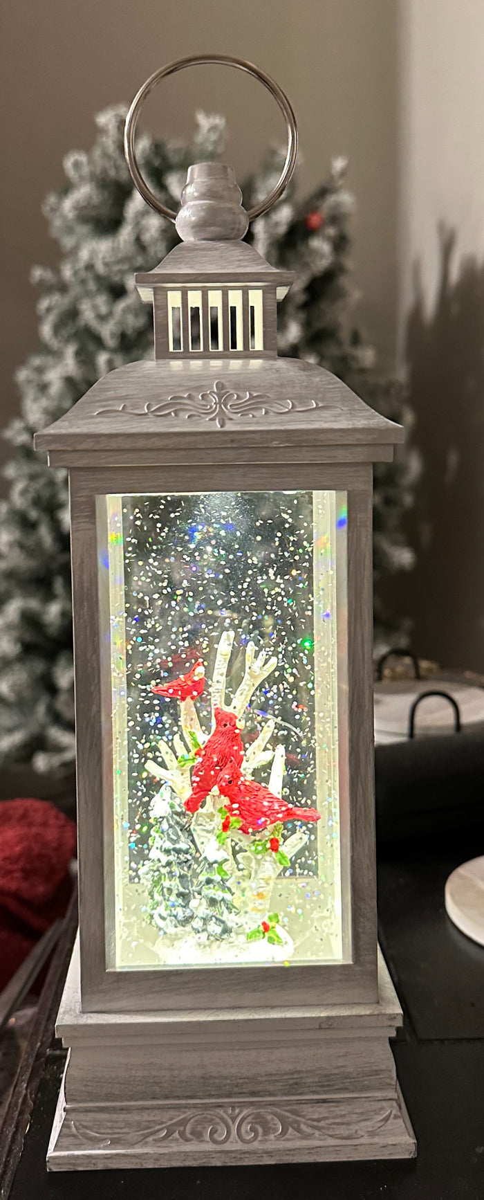 White Lantern Snow Globe with Cardinals