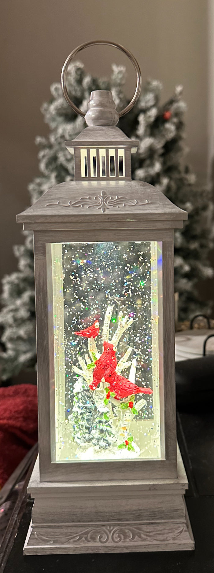White Lantern Snow Globe with Cardinals