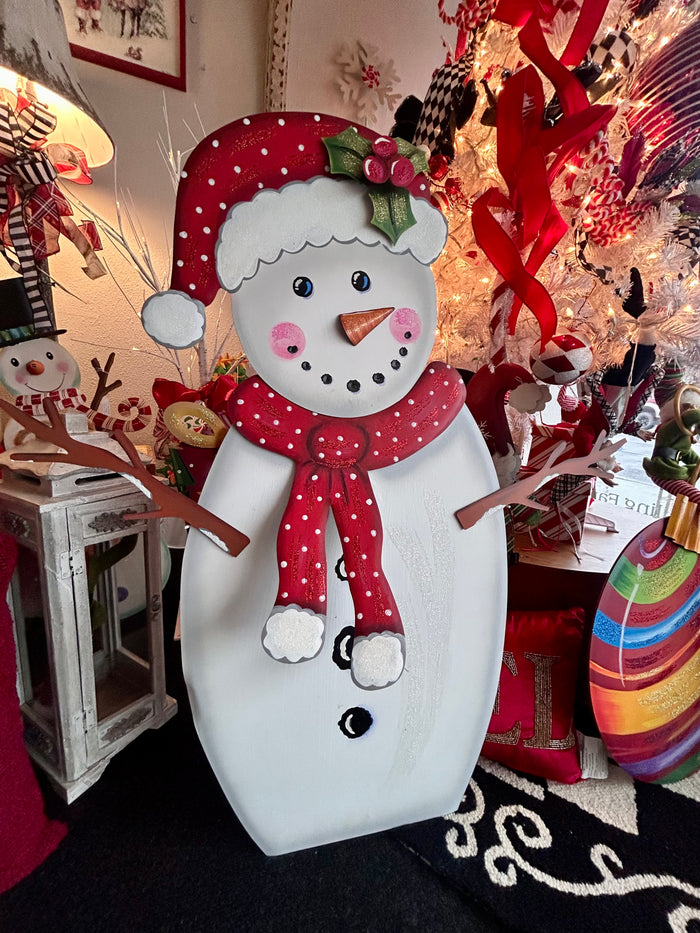 White Metal Snowman in Red & White Polka Dot Hat & Scarf with attached Easel Christmas