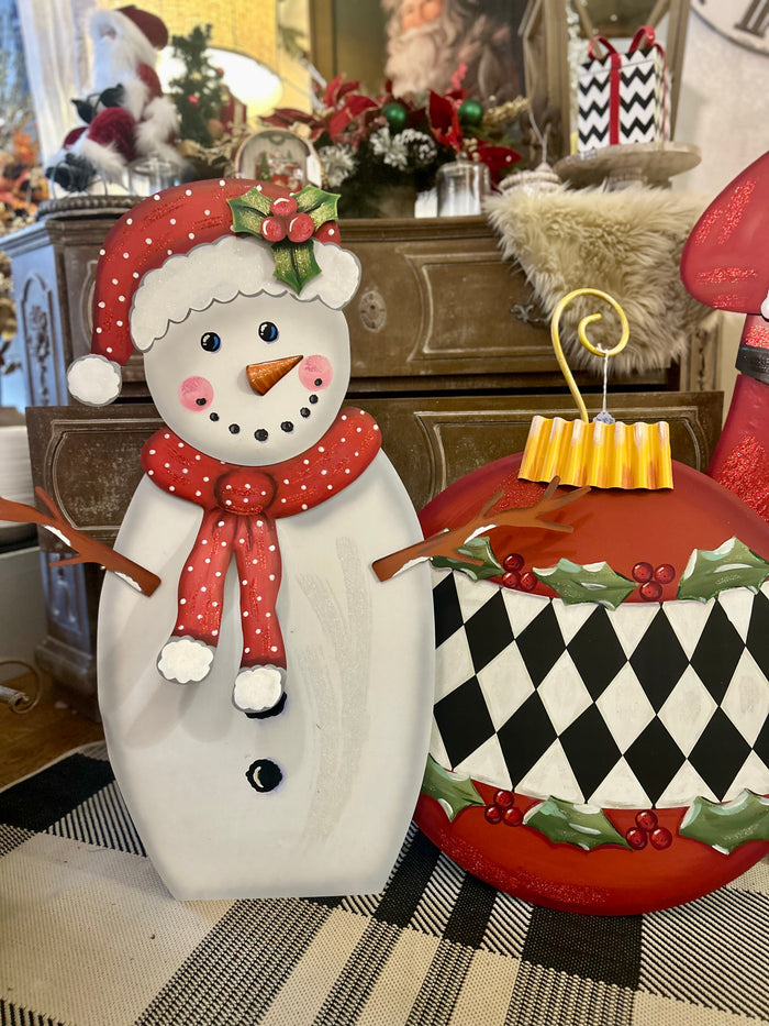 White Metal Snowman in Red & White Polka Dot Hat & Scarf with attached Easel Christmas