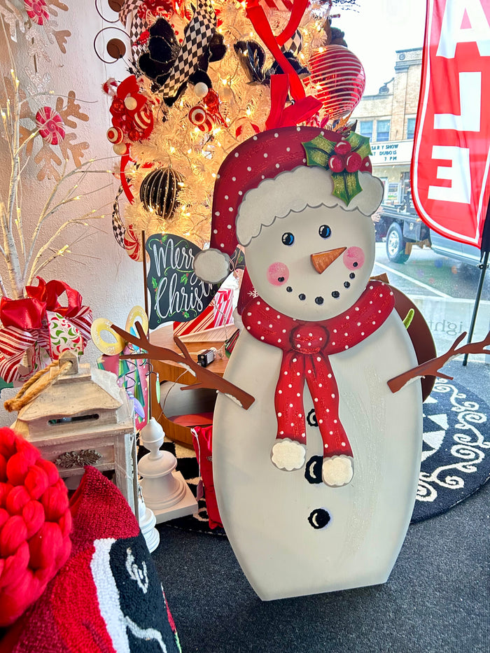 White Metal Snowman in Red & White Polka Dot Hat & Scarf with attached Easel Christmas