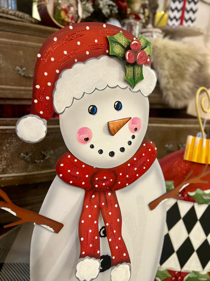 White Metal Snowman in Red & White Polka Dot Hat & Scarf with attached Easel Christmas