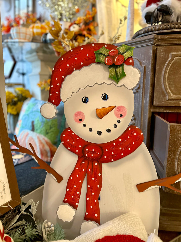 White Metal Snowman in Red & White Polka Dot Hat & Scarf with attached Easel Christmas